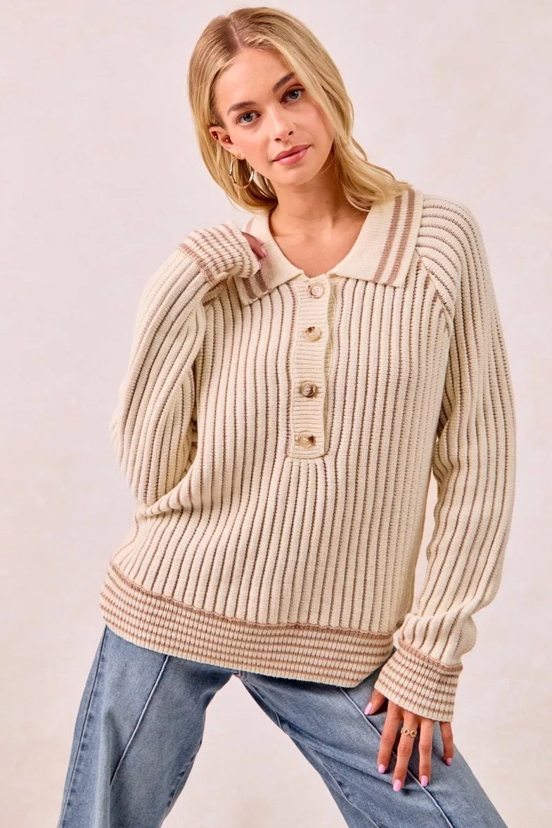 BiBi Half Button Ribbed Two Tone Sweater - SwagglyLife Home & Fashion